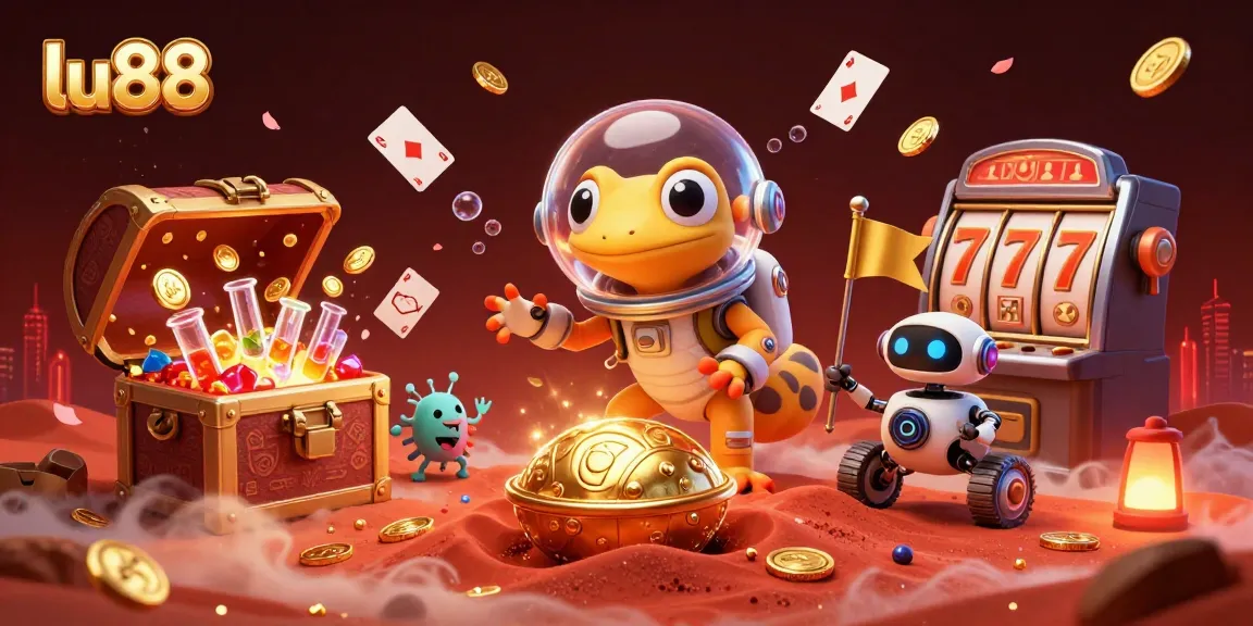 lu88 showcases a Martian gecko exploring a golden casino, surrounded by vibrant casino elements.