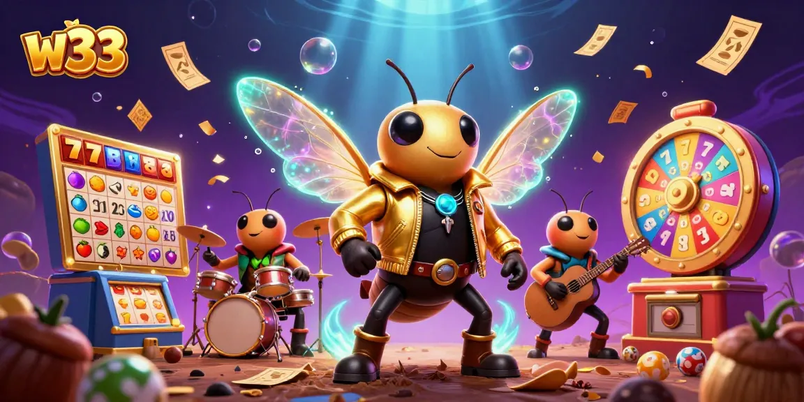 Experience thrilling wins with vibrant games at w33 Casino in a dynamic 3D illustration.