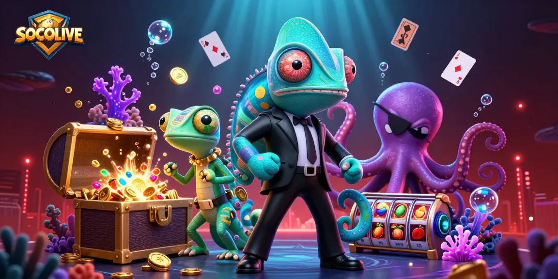 SOCOLIVE chameleon agent juggling colorful gambling elements in an underwater scene filled with treasures