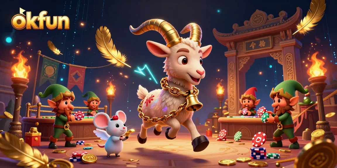 Engage with okfun in a lively holiday-horror casino scene featuring characters amidst a swirl of colorful betting tokens.