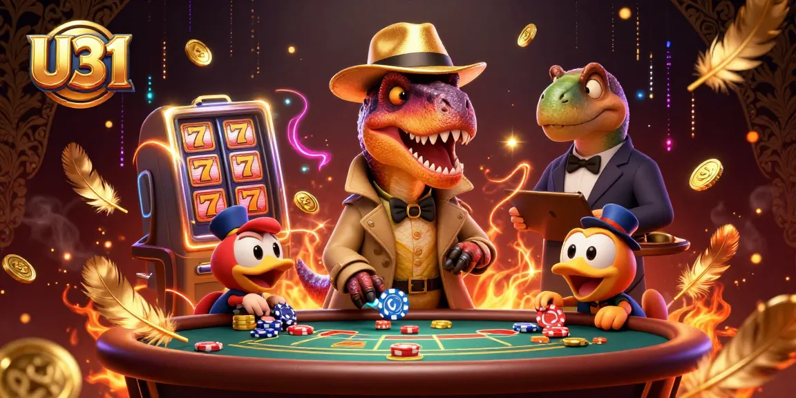 U31 casino depicts a velociraptor card counter at a blackjack table, highlighting playful gambling action.